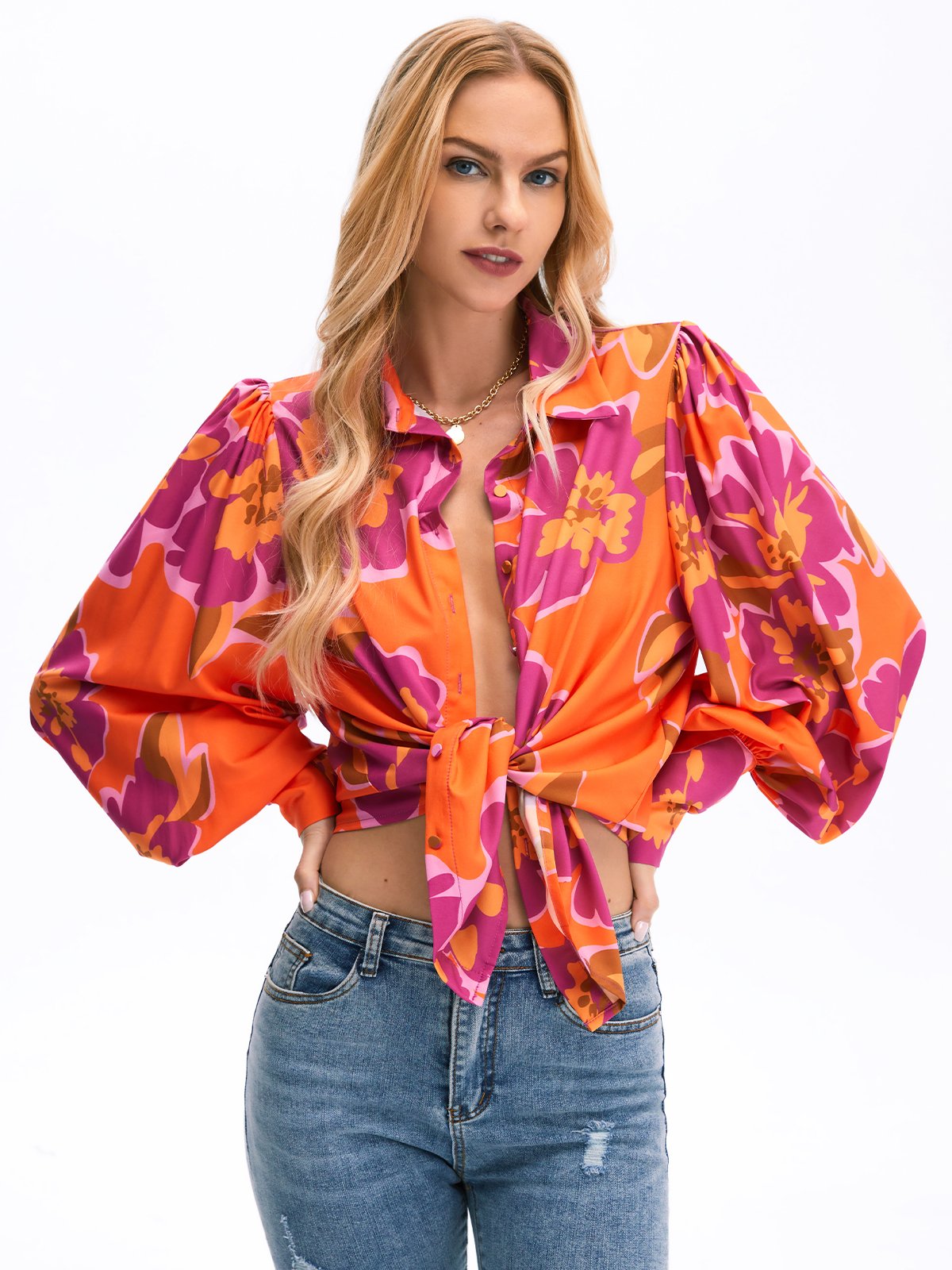 Chiffon Floral Vacation Long Sleeve Blouse