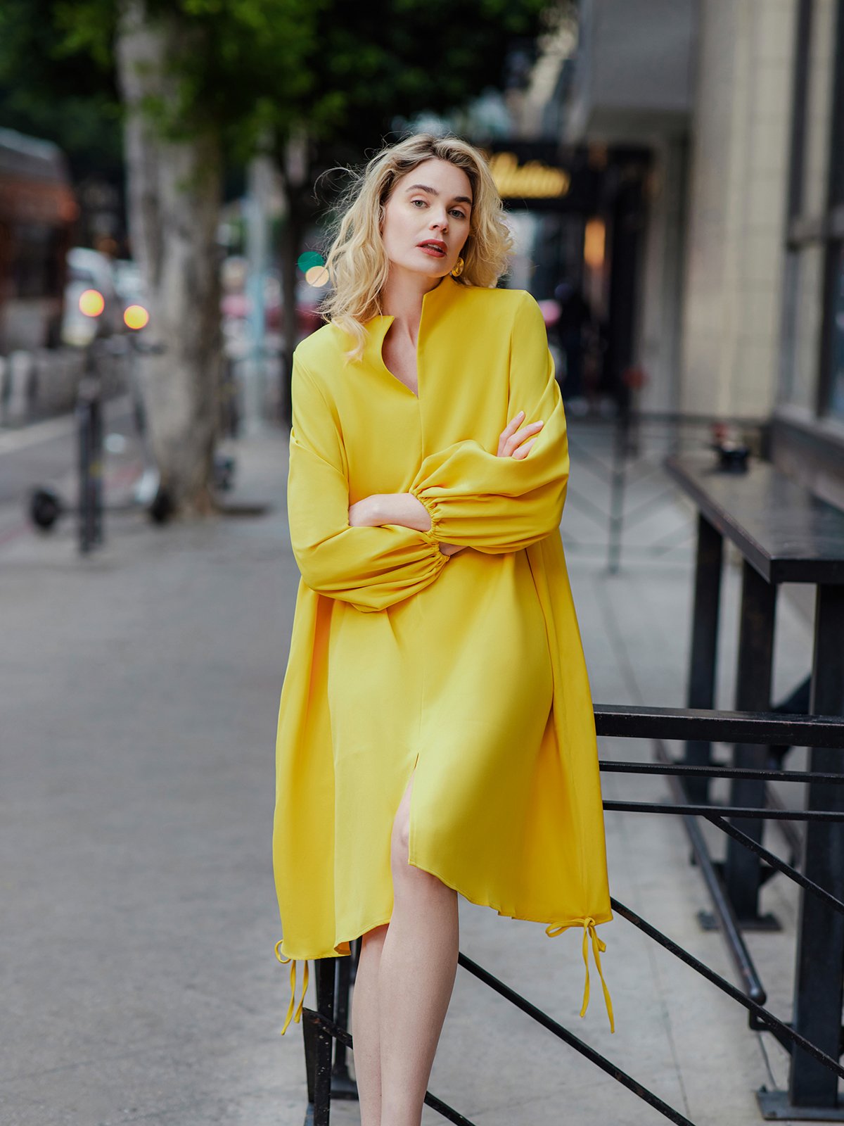 Long sleeve Loose Plain Stand Collar Lantern Sleeve Dress