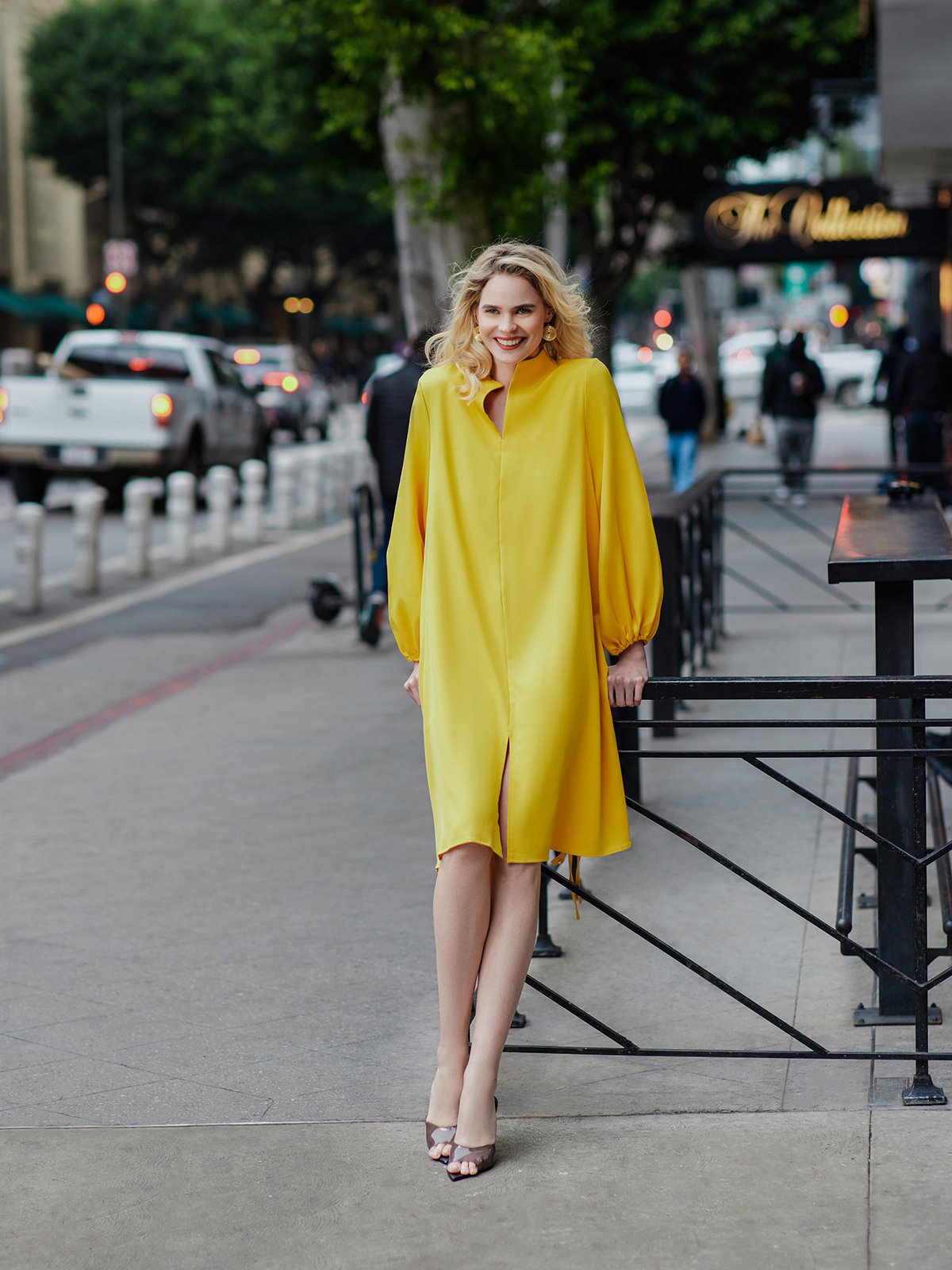 Long sleeve Loose Plain Stand Collar Lantern Sleeve Dress