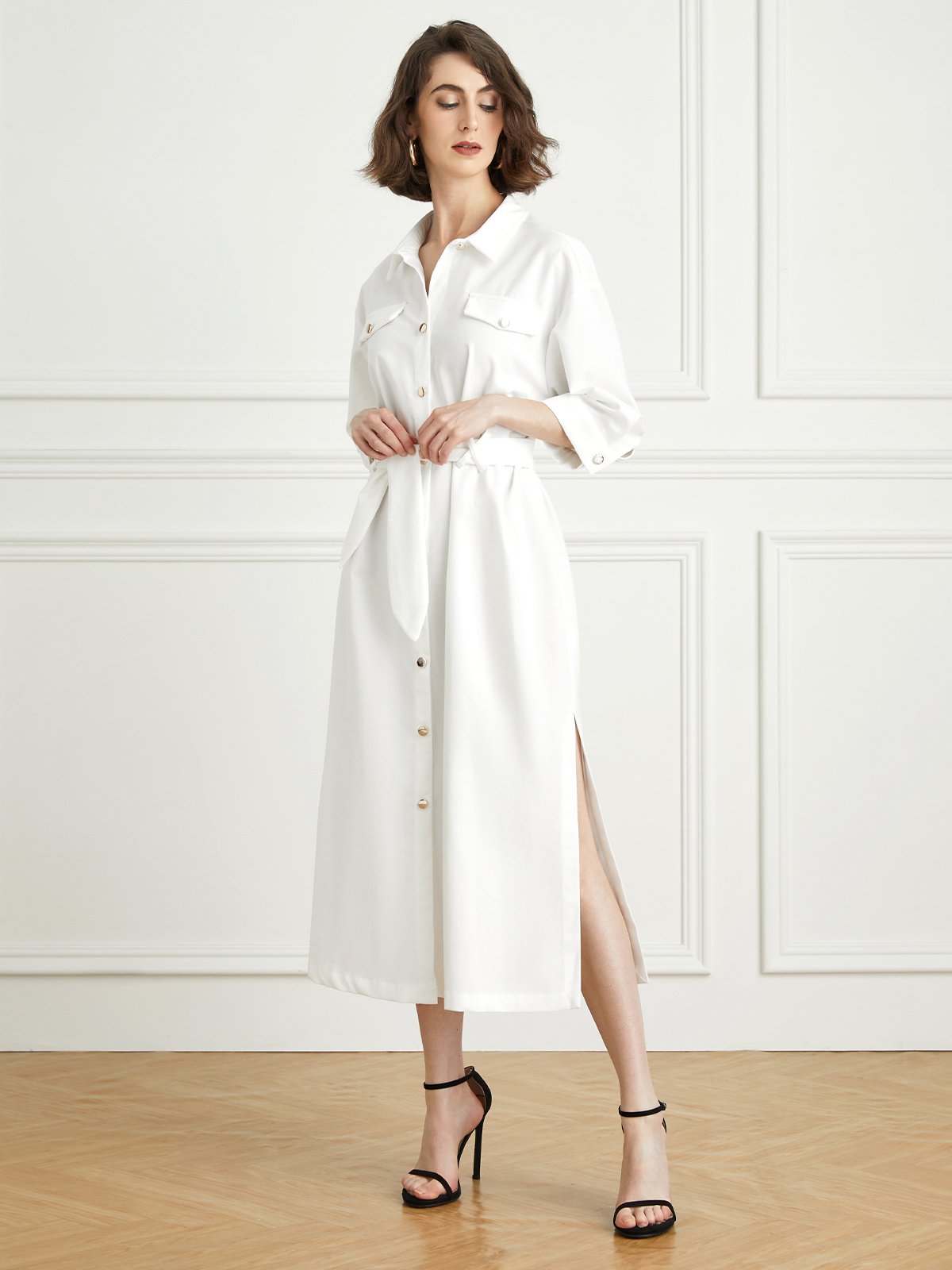 Casual Cotton And Linen Regular Fit Dress With Belt