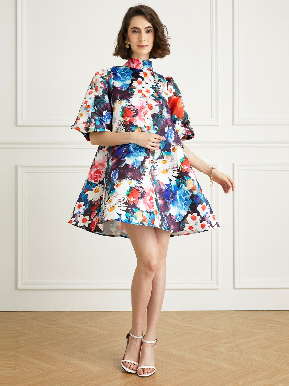 Stand Collar Short sleeve Elegant Floral Loose Skirt Dress