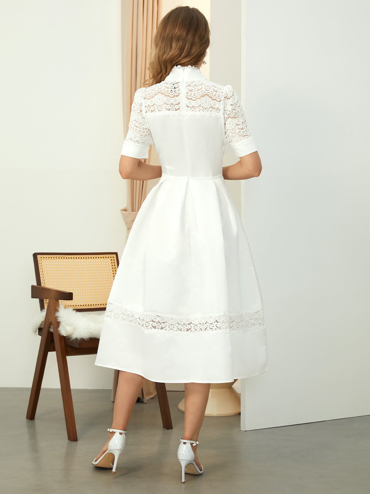 Plain Elegant Stand Collar Regular Fit Midi Dress