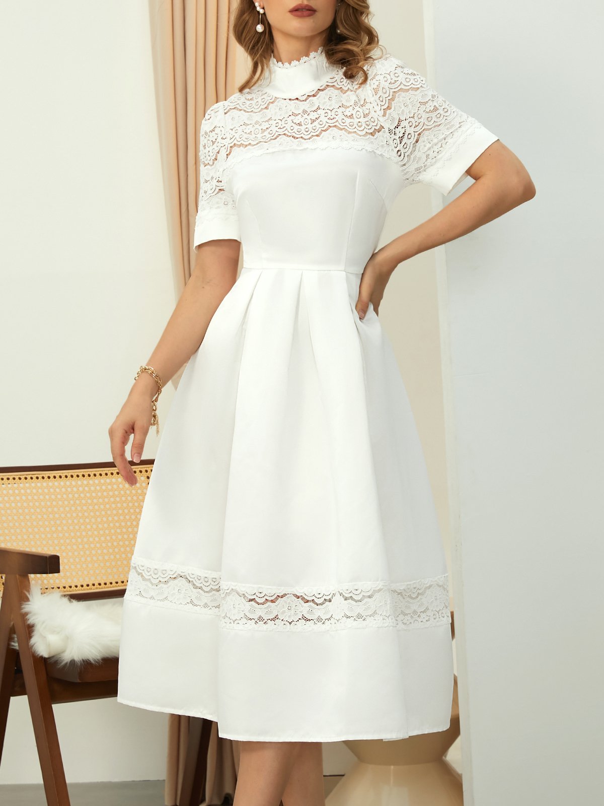 Plain Elegant Stand Collar Regular Fit Midi Dress