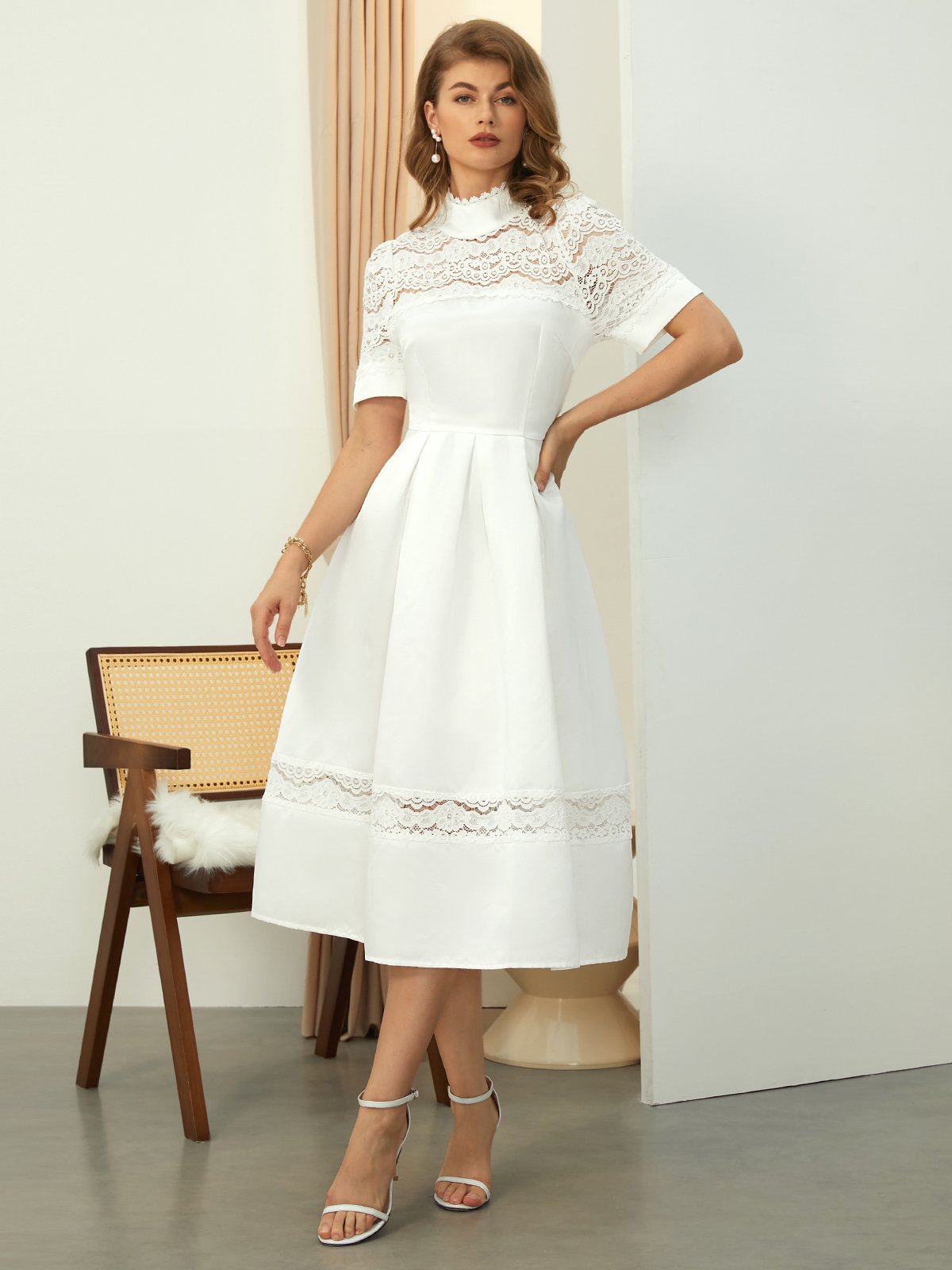 Plain Elegant Stand Collar Regular Fit Midi Dress