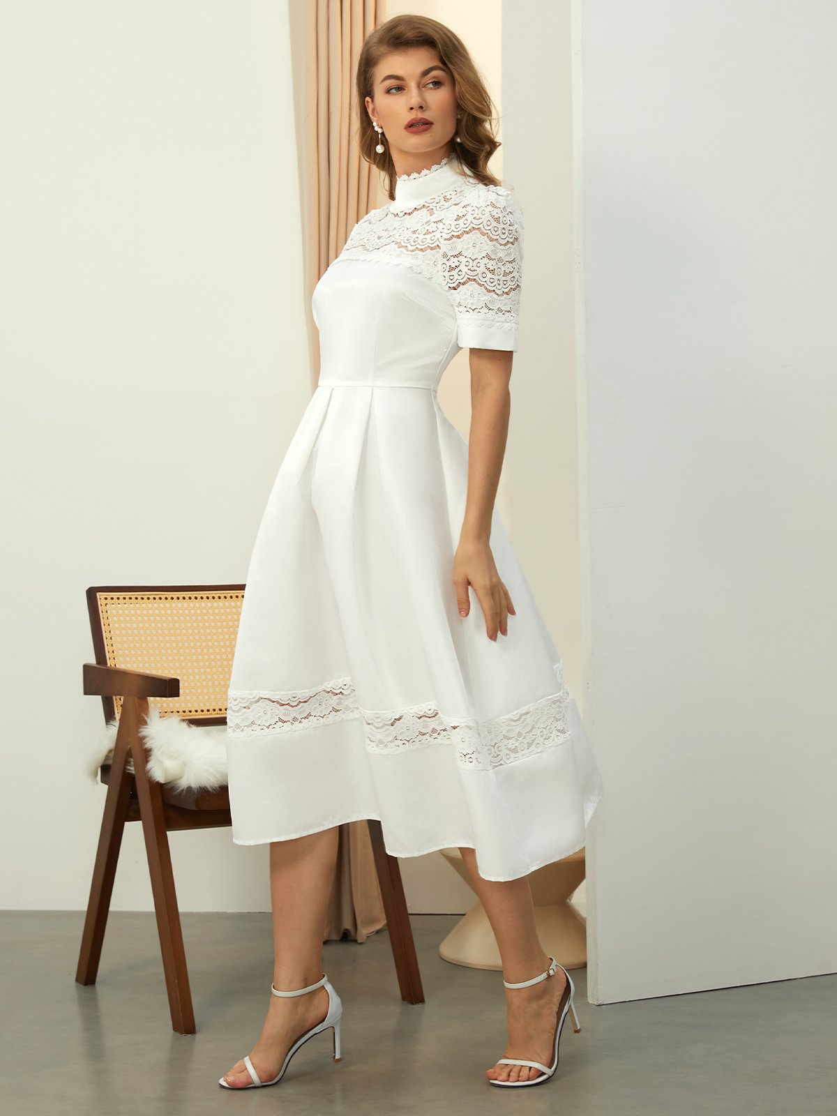 Plain Elegant Stand Collar Regular Fit Midi Dress