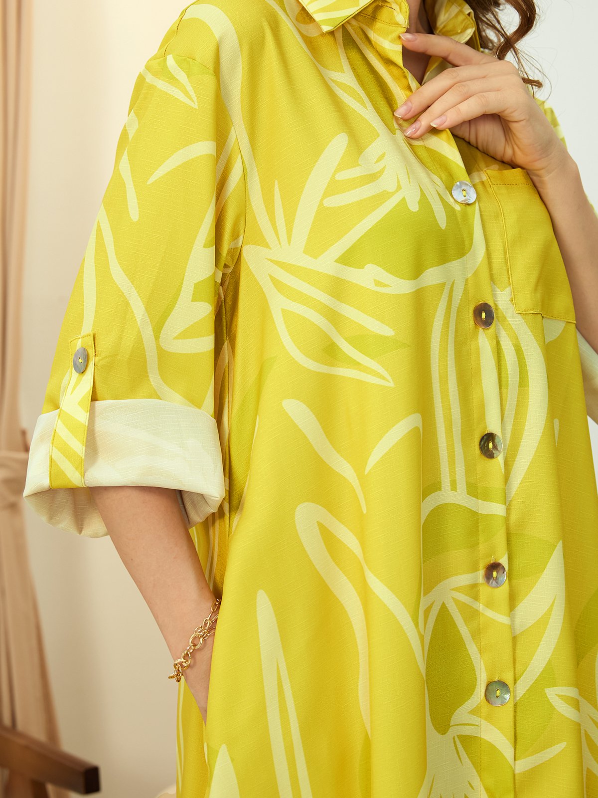 Random Print Shirt Collar Vacation Dress