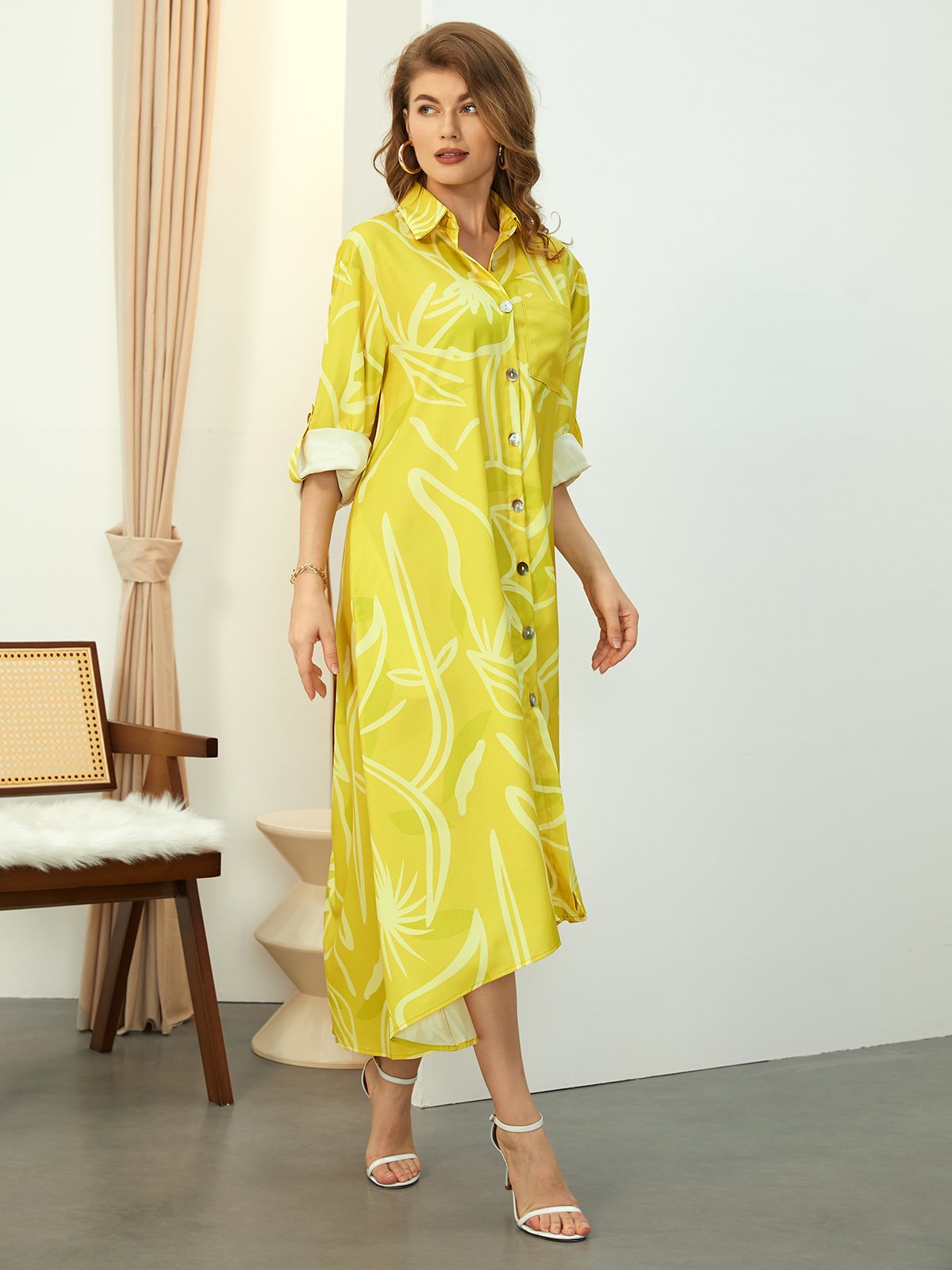 Random Print Shirt Collar Vacation Dress