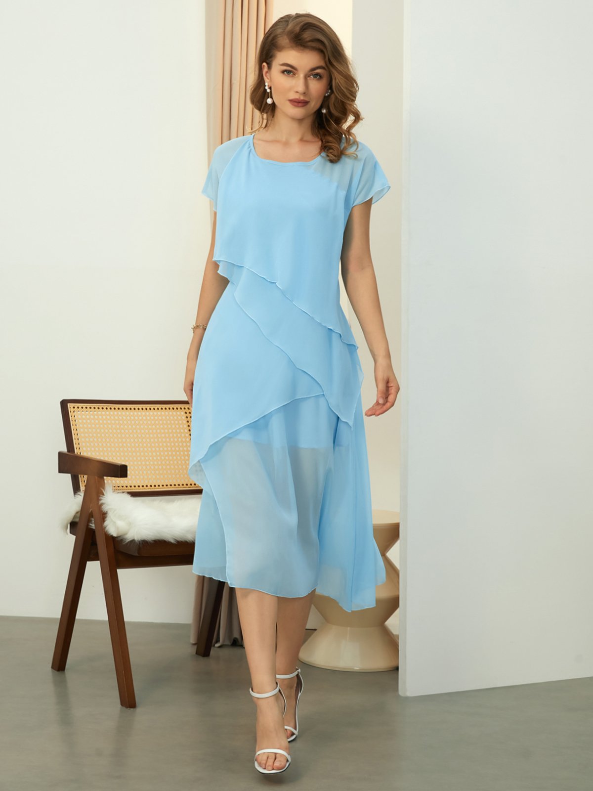 Elegant Crew Neck Plain Regular Fit Dress With Belt