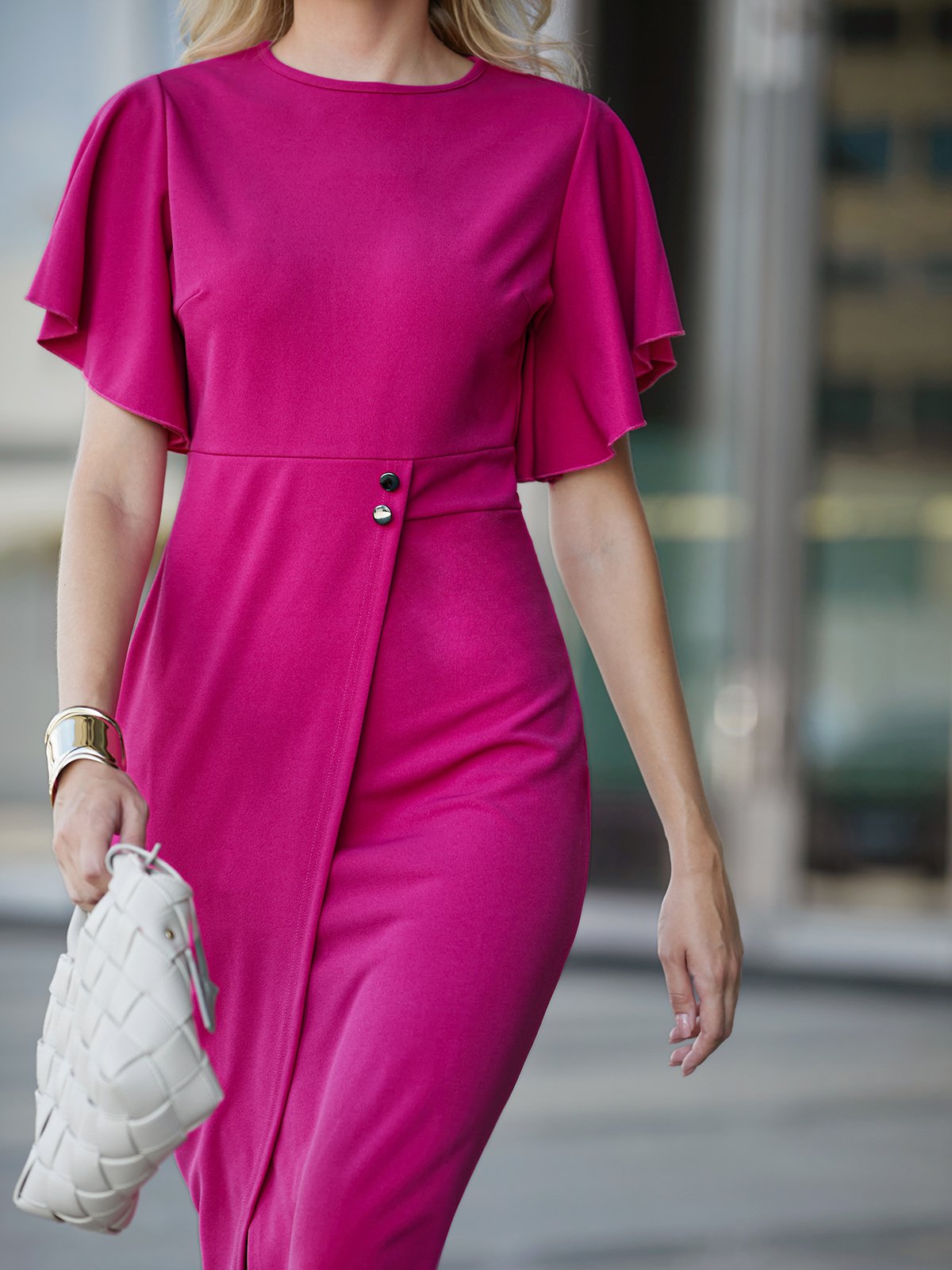 Elegant Tight Plain Crew Neck Midi Dress With No Belt