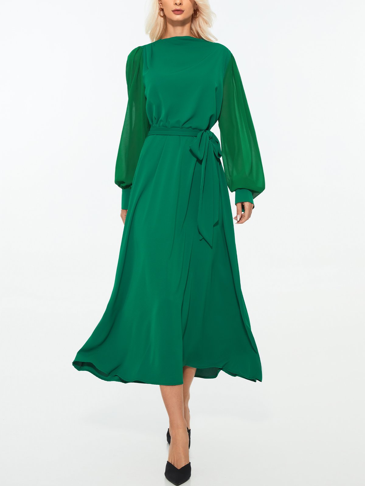 Elegant Regular Fit Plain Long Sleeve Midi Dress
