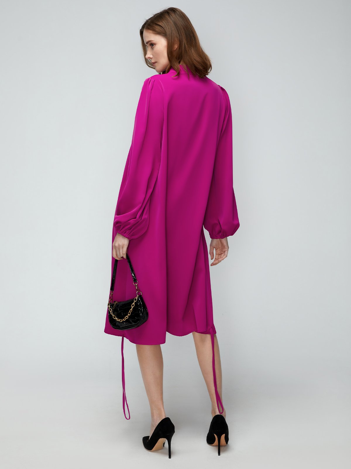 Long sleeve Loose Plain Stand Collar Lantern Sleeve Dress