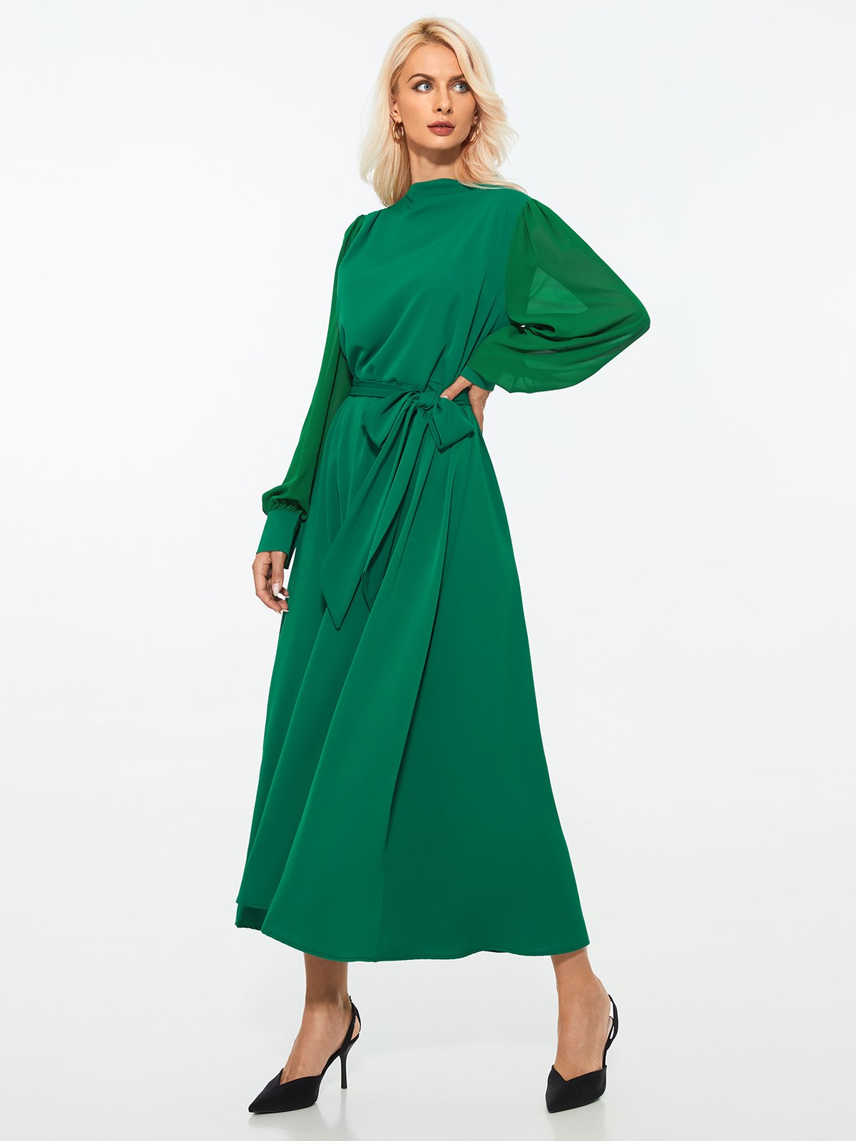Elegant Regular Fit Plain Long Sleeve Midi Dress