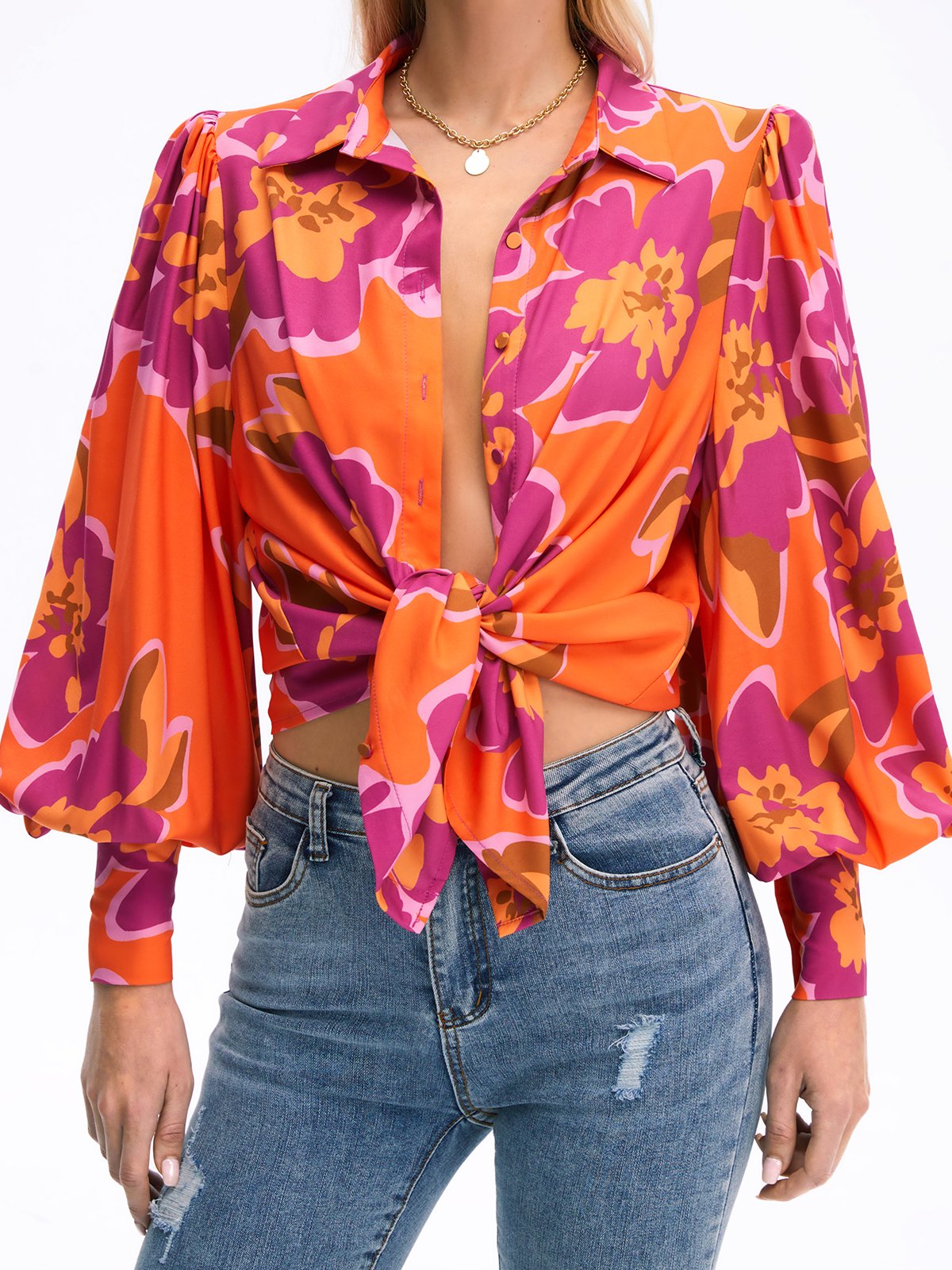 Chiffon Floral Vacation Long Sleeve Blouse