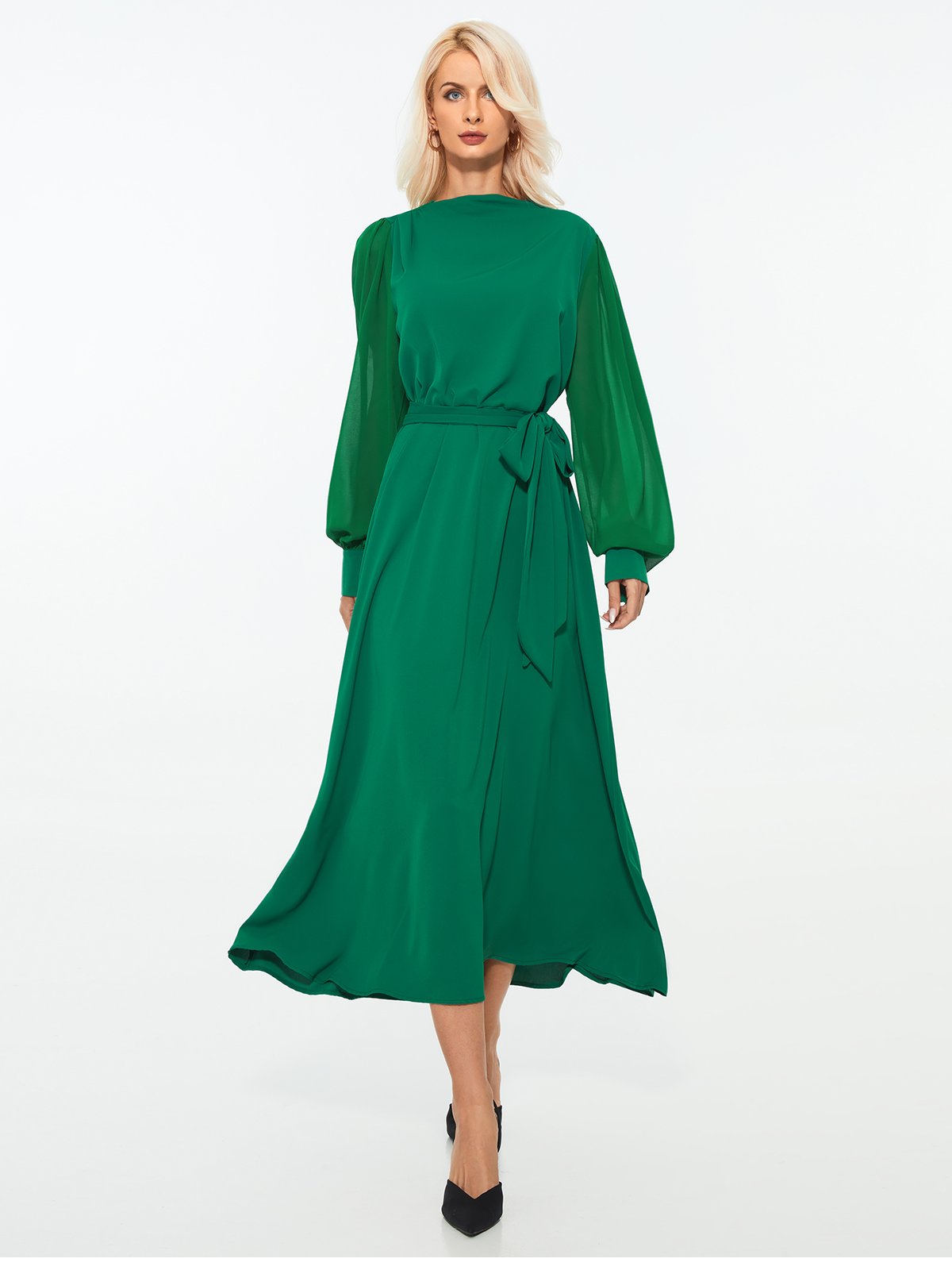 Elegant Regular Fit Plain Long Sleeve Midi Dress