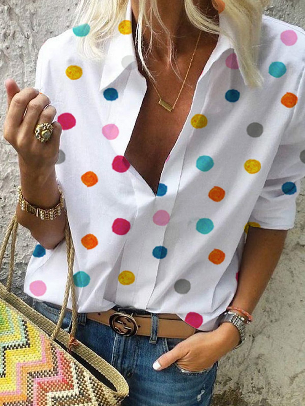 Casual Long Sleeve Polka Dots Boho Blouse