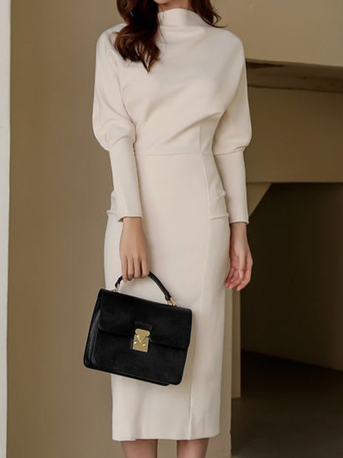 Elegant Plain Long Sleeve Midi Dress