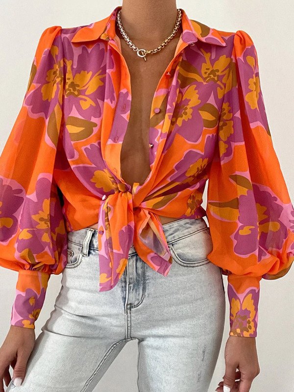 Chiffon Floral Vacation Long Sleeve Blouse