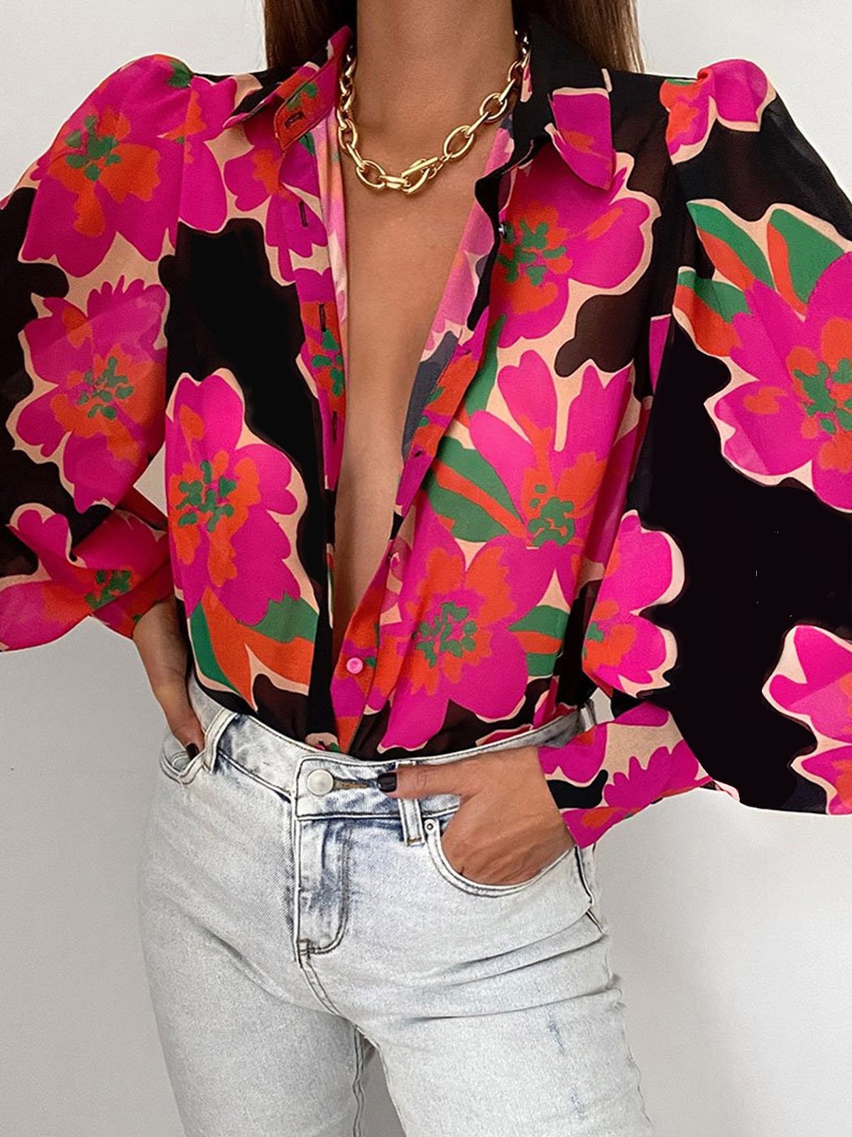 Chiffon Floral Vacation Long Sleeve Blouse