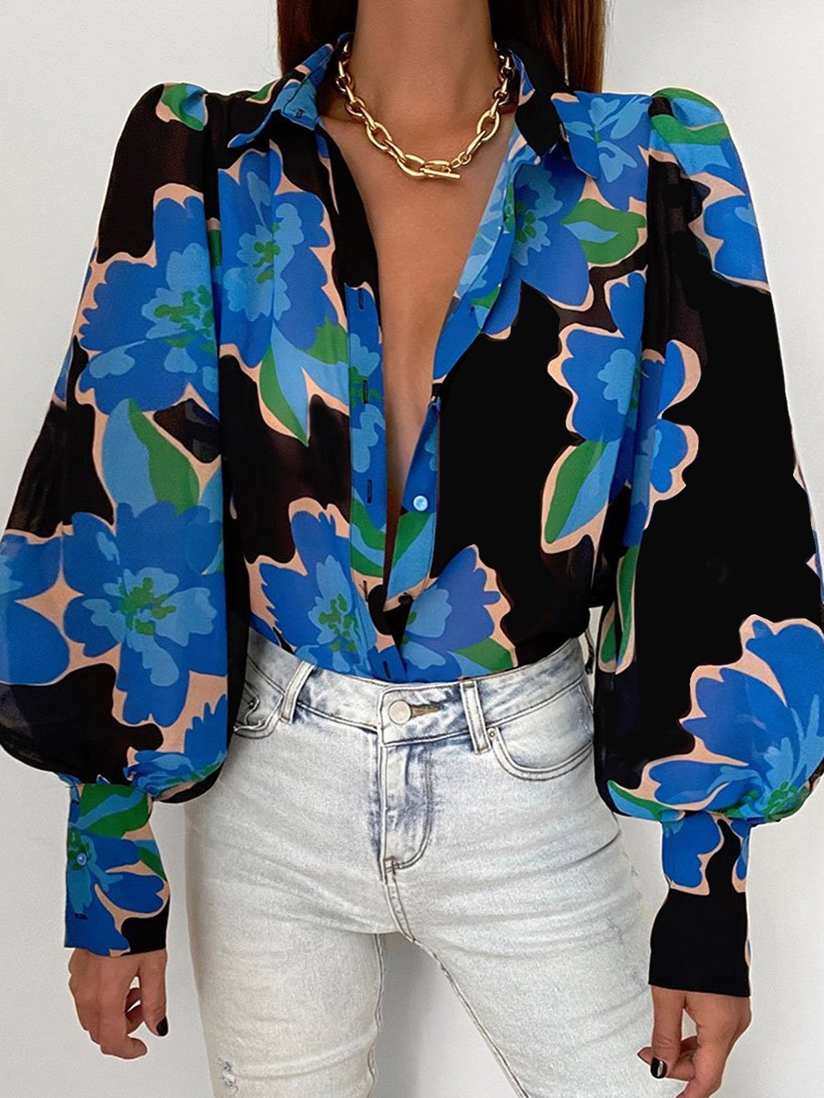 Chiffon Floral Vacation Long Sleeve Blouse