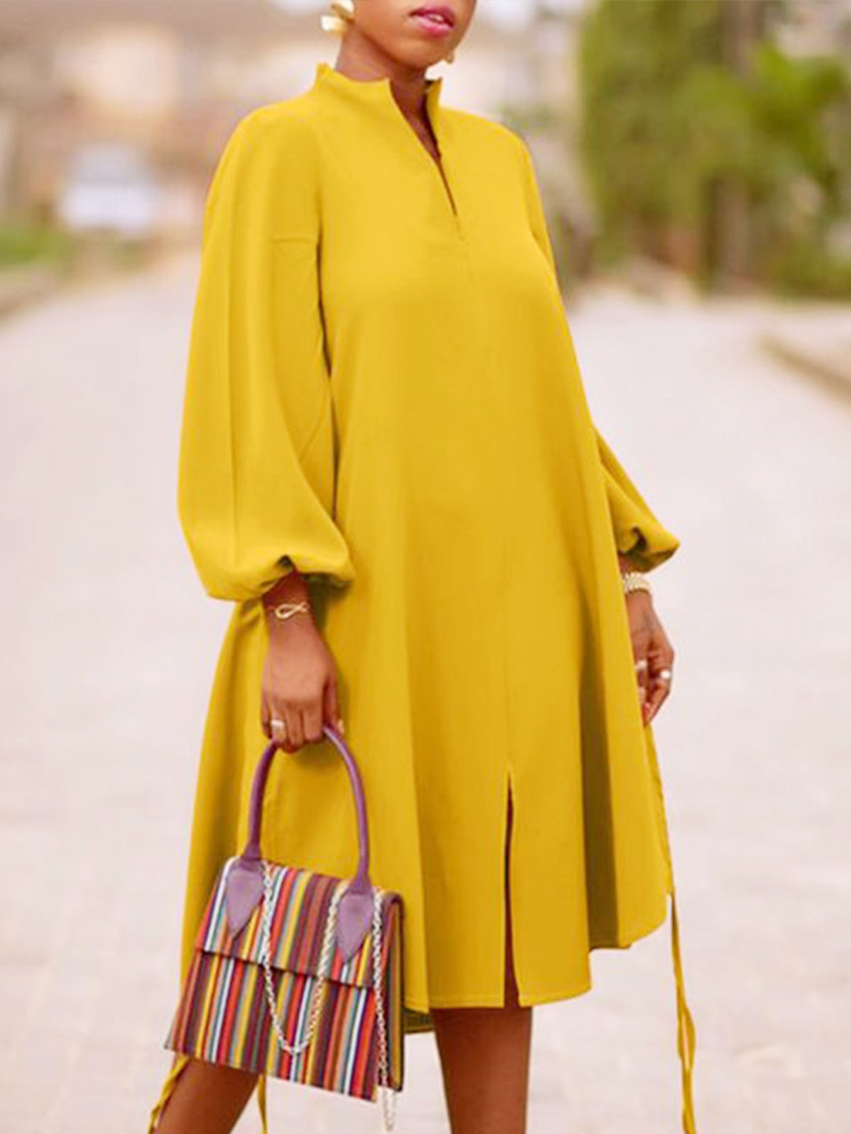 Long sleeve Loose Plain Stand Collar Lantern Sleeve Dress