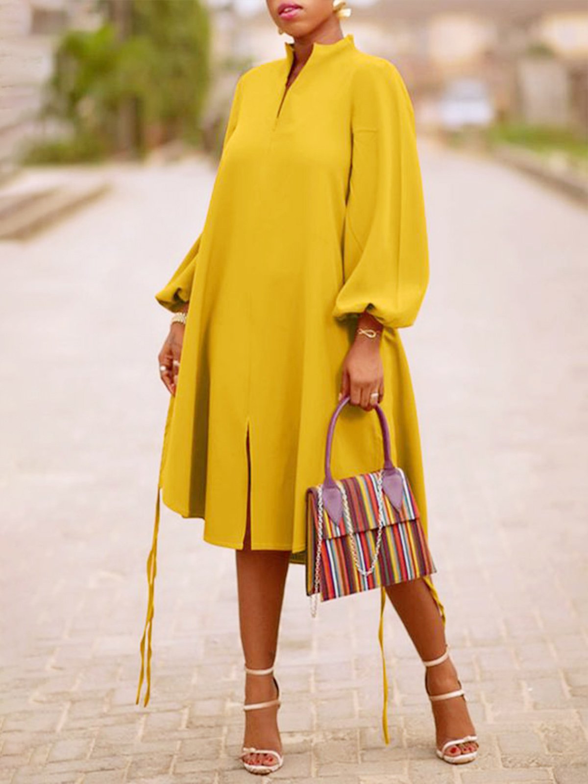Long sleeve Loose Plain Stand Collar Lantern Sleeve Dress