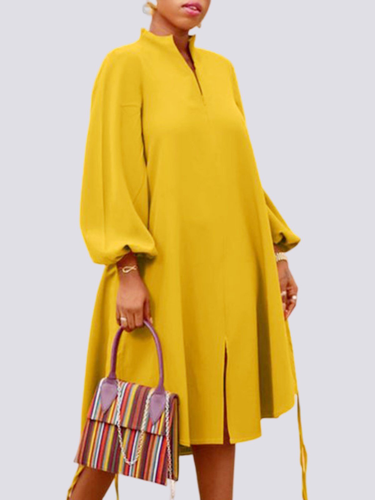 Long sleeve Loose Plain Stand Collar Lantern Sleeve Dress