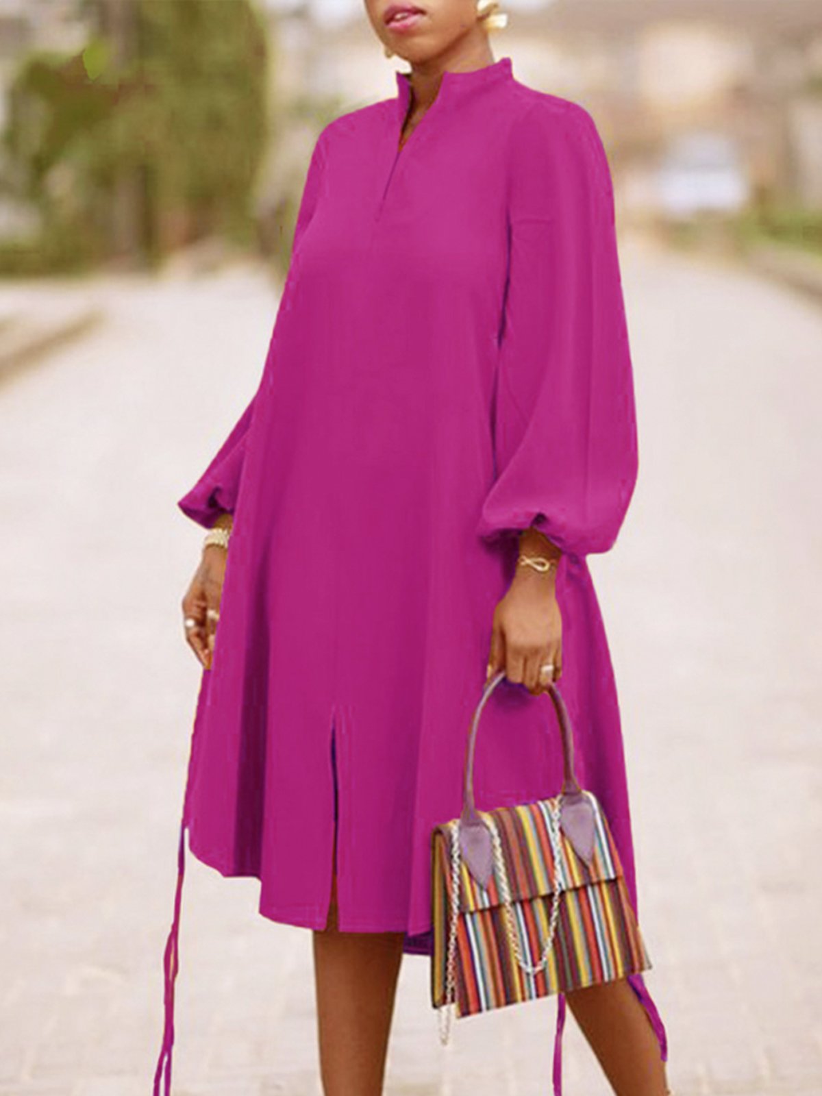 Long sleeve Loose Plain Stand Collar Lantern Sleeve Dress