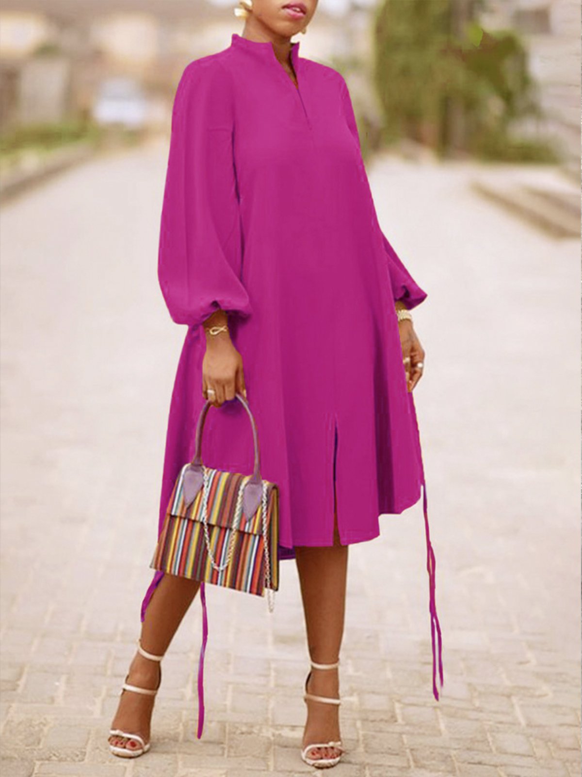 Long sleeve Loose Plain Stand Collar Lantern Sleeve Dress