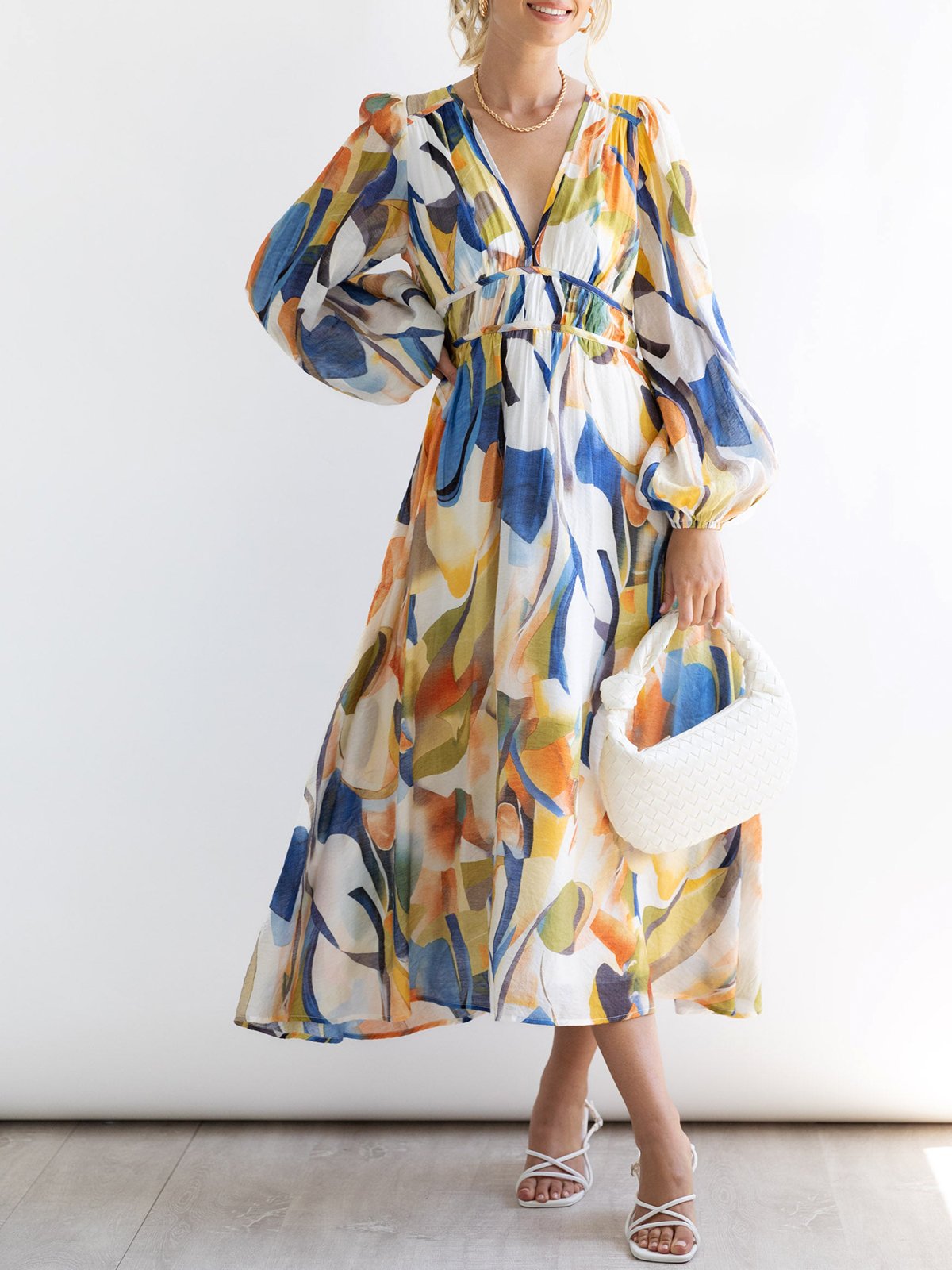Vacation Floral  Print Long Sleeve V Neck Dress
