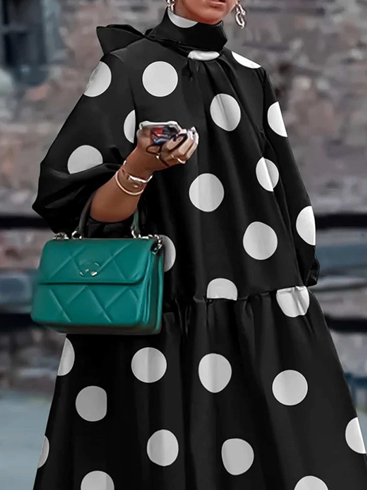 Loose Polka Dots Elegant Stand Collar Short sleeve Midi Dress
