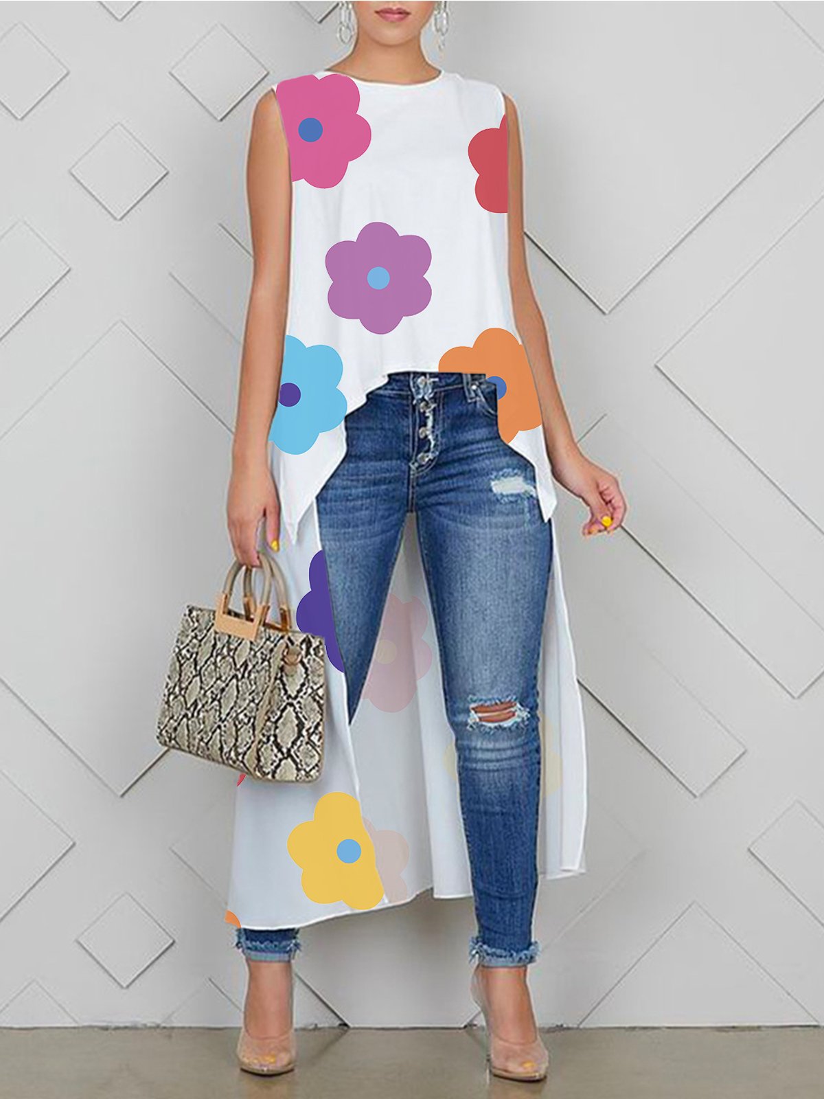 Loose Casual Floral Sleeveless Crew Neck Shirt