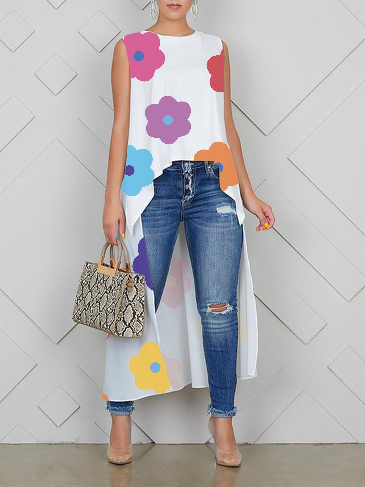 Loose Casual Floral Sleeveless Crew Neck Shirt