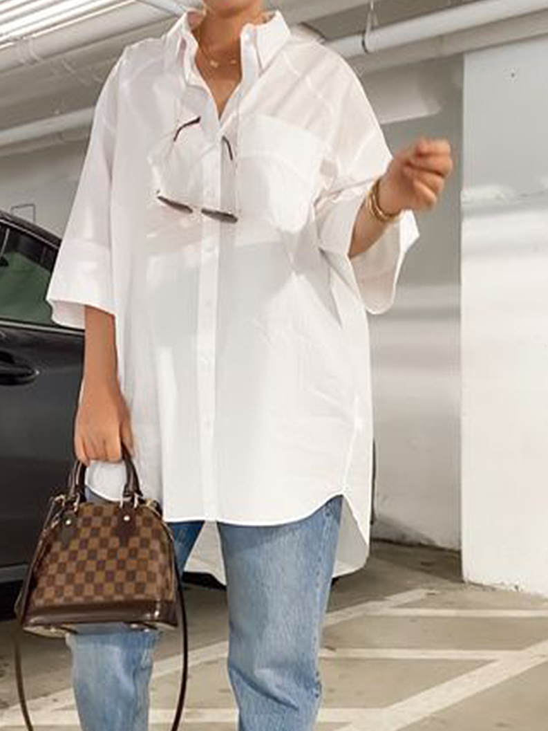 Plain Casual Shirt Collar Cotton Blouse