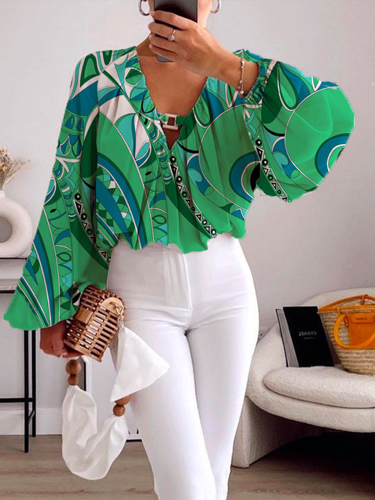 V Neck Geometric Vacation Regular Fit Shirt