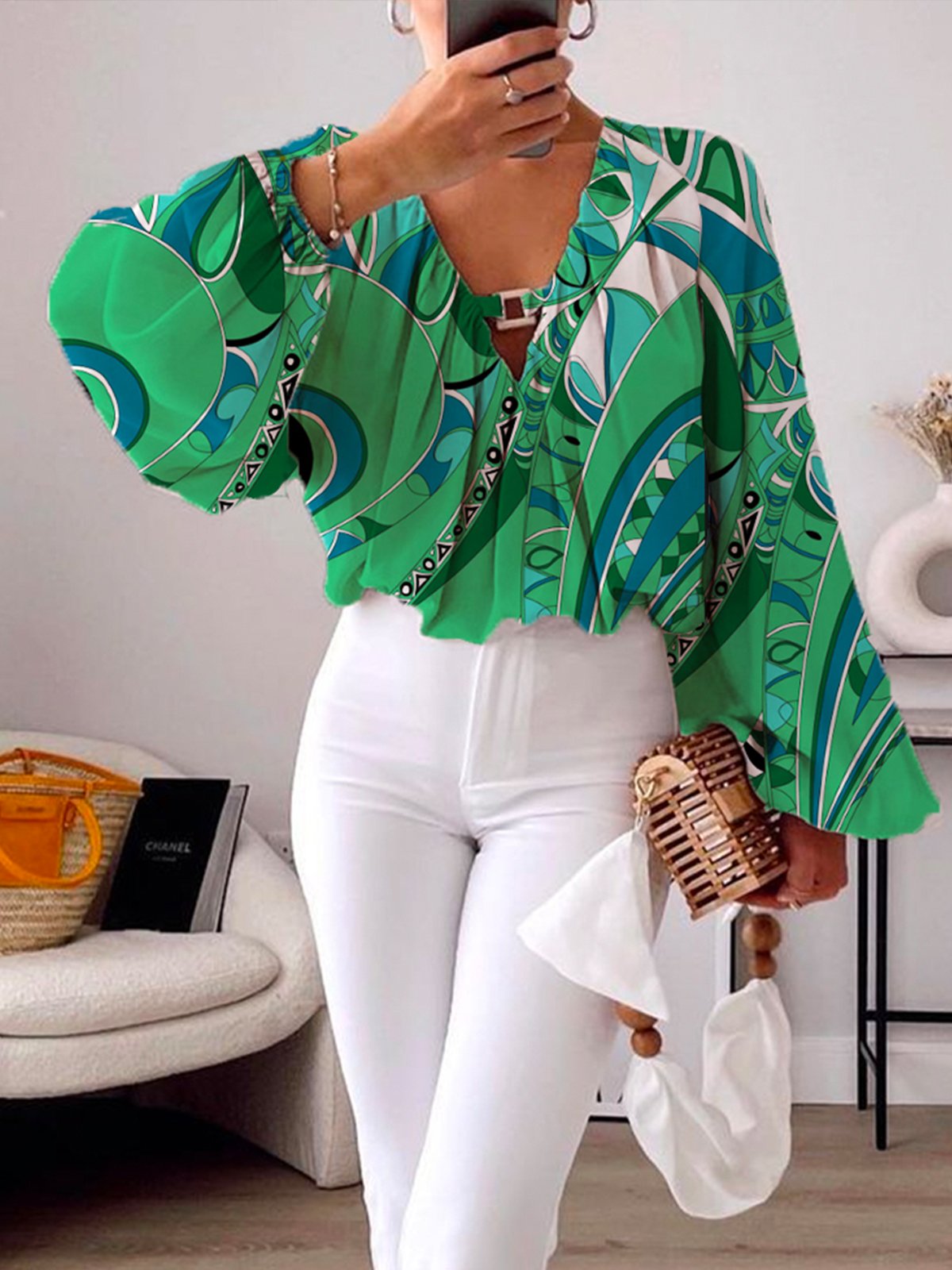 V Neck Geometric Vacation Regular Fit Shirt