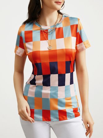 Casual Tight Crew Neck Plaid T-Shirt