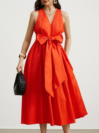 V Neck Urban Plain Regular Fit Dress With Belt
