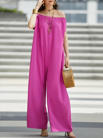 Loose Cold Shoulder Casual Plain Jumpsuit
