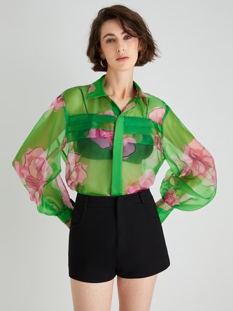 Elegant  Shirt Collar Floral  Printed Long Sleeve Blouse