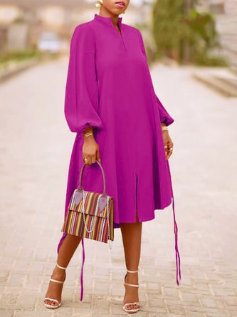 Long sleeve Loose Plain Stand Collar Lantern Sleeve Dress