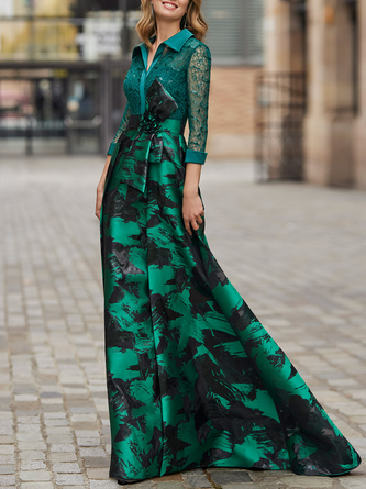 Elegant Shawl Collar Random Print Dress