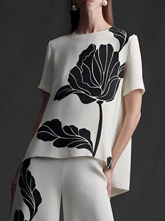 2023 Fashion week elegant Crew Neck Loose Floral Short Sleeve Shirt