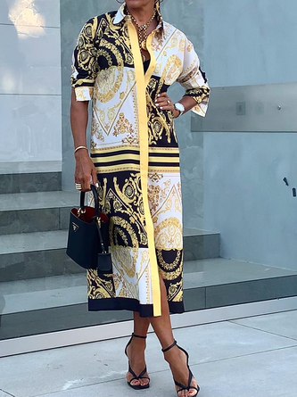Ethnic Urban Loose Three Quarter Shirt Collar Midi Dress