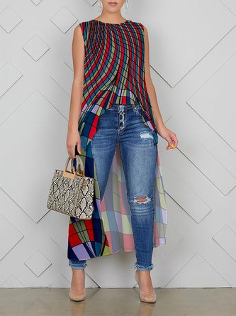 Crew Neck Abstract Plaid Urban Sleeveless Shirt