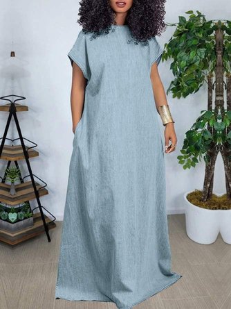 Crew Neck Denim Casual Plain Loose  Pockets Dress