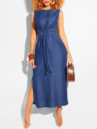 Midi Crew Neck Casual Faux denim Dress