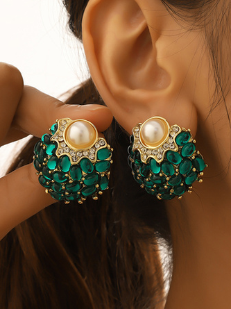 Elegant Green Rhinestone Pearl Raspberry Pattern Earrings Party Holiday Women's Jewelry