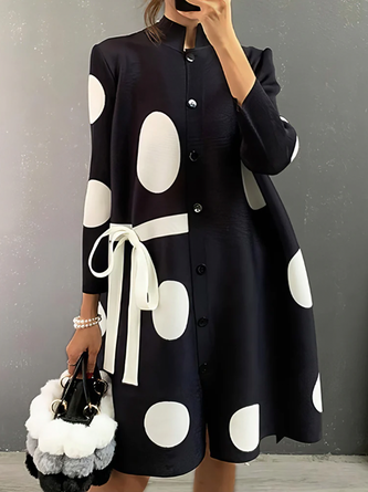 Polka Dots Stand Collar Three Quarter Sleeve Urban Loose Short Dress With Belt