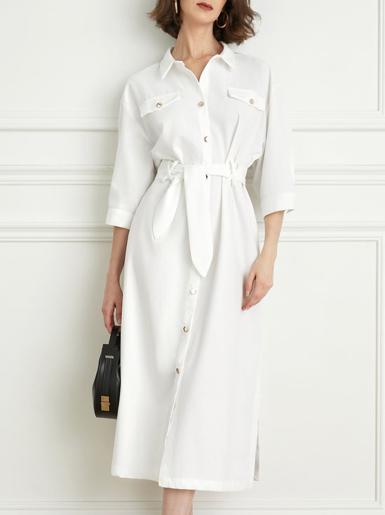 Casual Cotton And Linen Regular Fit Dress With Belt