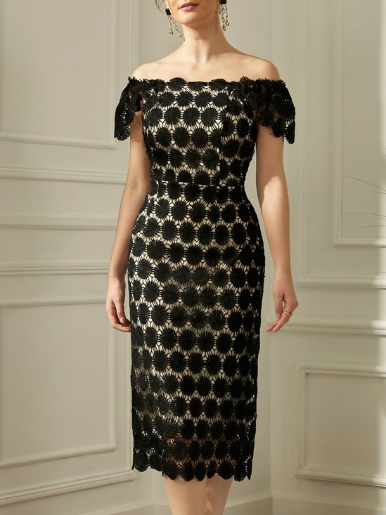 Square Neck Short sleeve Polka Dots Elegant Regular Fit Midi Dress